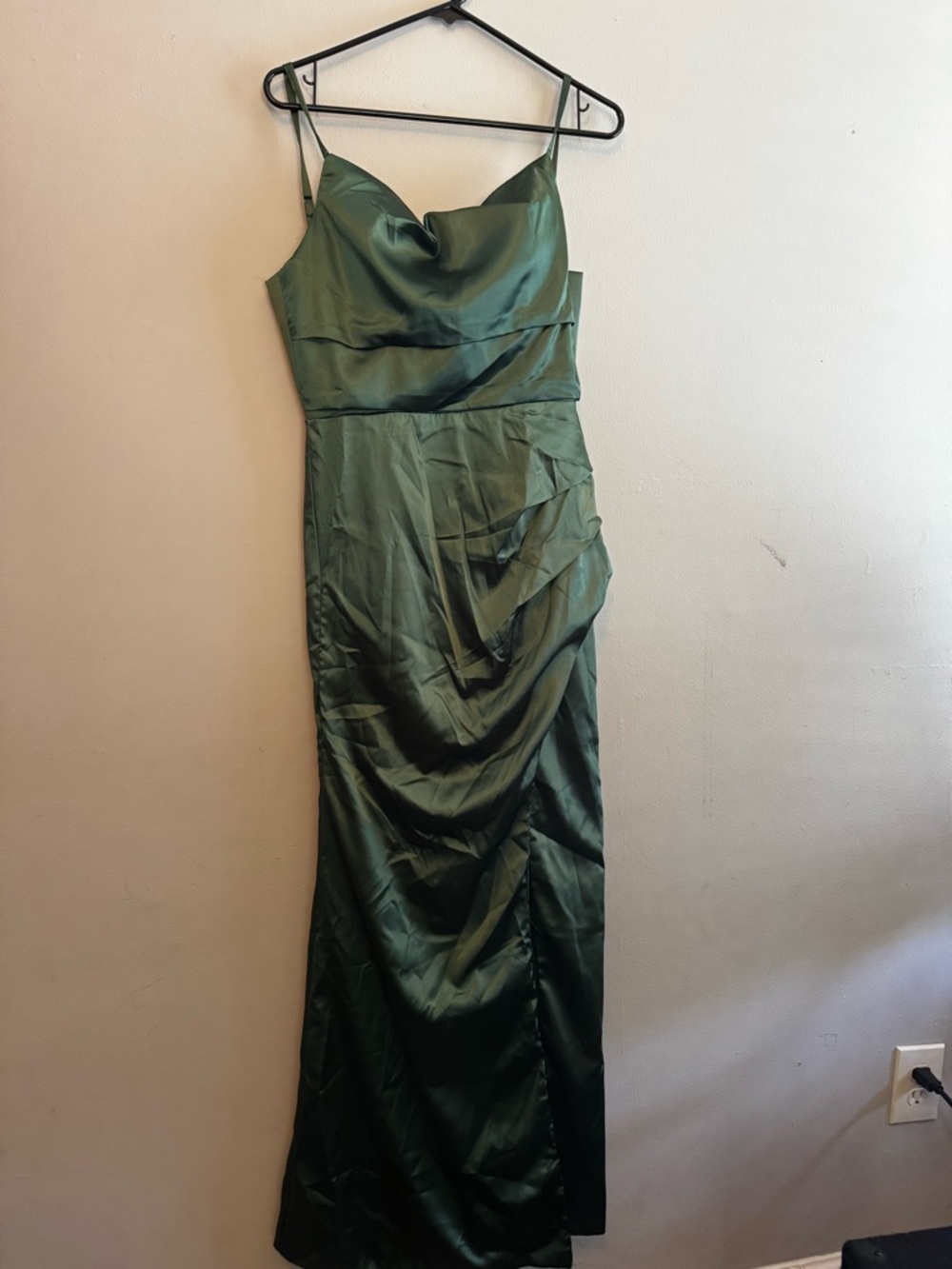 Amazon Dark Green Satin Maxi Dress with Cowl Neck and Spaghetti Straps